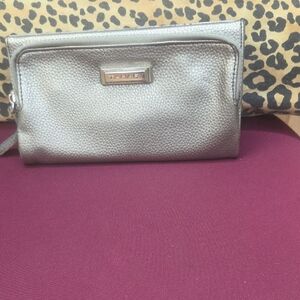 Tahari Metallic Pewter Pebbled Wristlet Clutch